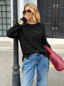 Chiquease Women's Studded & Rhinestone Embellished Sweatshirt, Basic Style For Autumn/Winter - Black - View 5