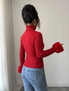 SHEIN Elenzya 优雅扭纹领拼接针织衫 长袖 修身 红色 通勤适用 秋冬 - 紅色 - 查看 2