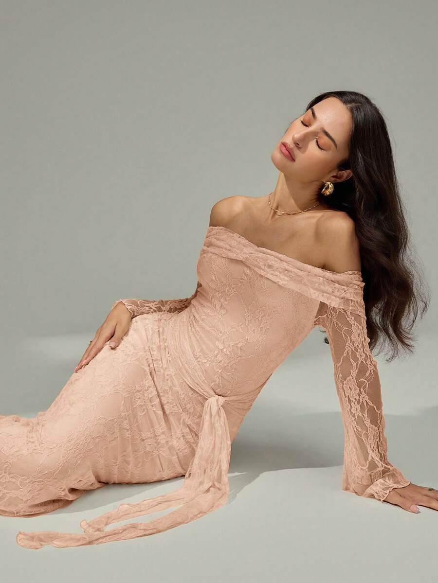 Modelyn Women's Floral Lace Ruffle Off-Shoulder Long Sleeve Twist Waist Fitted Dress, Elegant - Baby Pink - View 1