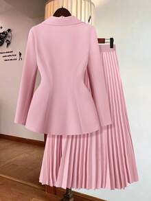 GlowEve CURVE 2pcs/Set Plus Size Women Front Button Drawstring Long Sleeve Pocket Casual Top And Skirt Set Fall Cloth For Women - Baby Pink - View 2