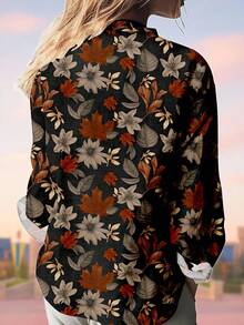 EMERY ROSE Women Casual Leaf Print Long Sleeve Shirt, Women Vintage Clothes