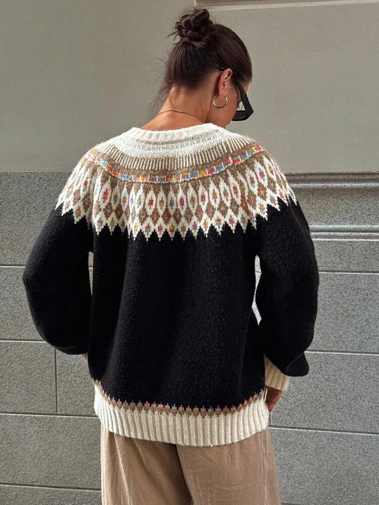 Women's Casual Colorblock Graphic Round Neck Sweater, Autumn
