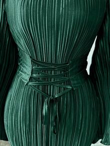 Elenzga Women's Solid Color V-Neck Flare Sleeve Waist Tie Design Pleated Fitted Elegant Elegant Dress Party Dark Green Autumn - Dark Green - View 6