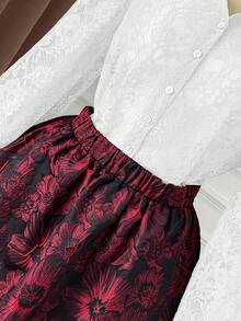 DreamSkyne 花卉纹理复古法式优雅 A 字裙，加大码 - 酒紅色 - 查看 6