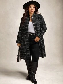 Zelara Plus Size Women Elegant Commuter Thick Tweed Long Blazer In Fall/Winter - Black - View 4