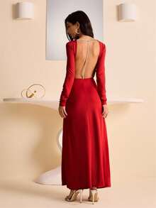 Lyxana Women's Elegant Solid Color Sexy Backless Chain Decor Maxi Dress, Autumn - Burgundy - View 4