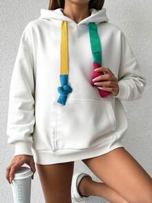 EURMUSE 撞色袋鼠口袋落肩袖抽繩連帽衫 - 白色 - 查看 3
