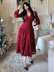 DAZY Váy dài vừa phải cổ chữ V viền xếp nếp ren vá thanh lịch dành cho nữ, mùa thu - Đỏ - Xem 9