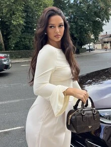 NegzBox Áo thun cổ thuyền tay chuông màu trơn đơn giản cạp chun đa năng, áo thun bó sát, áo có tay, tay dài cho nữ - Màu be - Xem 6