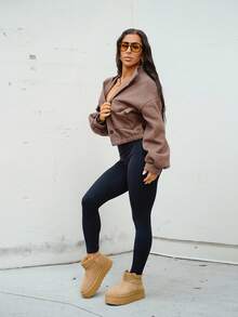 SAYEHFBABY Solid Coloured Stand Collar Pocket Short Jacket For Women,Fall Clothes - Coffee Brown - View 5