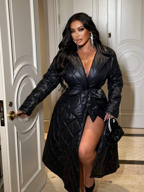 NU&NOW 大码女式翻领长袖腰带绗缝冬季夹克