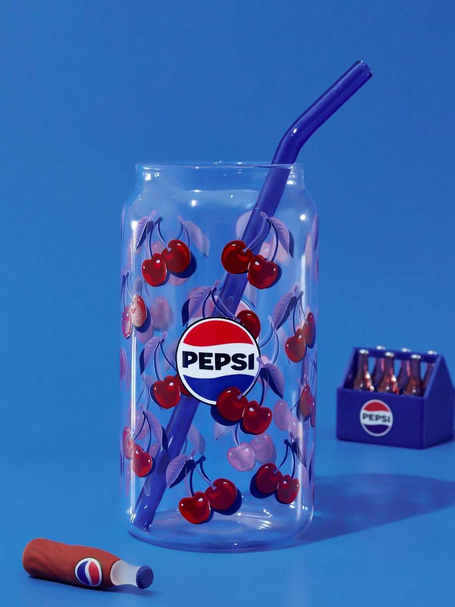 PEPSI X SHEIN 1 件 500ml/17.6oz 樱桃杯带吸管清洁刷（无盖），耐热耐寒，适用于牛奶、果汁等