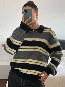 Livesso 女士休闲条纹高领毛衣，秋季 - 灰色 - 查看 5