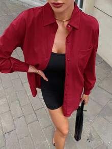 SHEIN Frenchy Y2K街頭風2件套女款紅黑配色套裝：寬鬆襯衫與修身黑色連身褲，秋季休閒日常運動休閒旅行運動服 - 玫瑰紅 - 查看 4