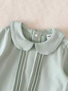 SHEIN 新生儿纯白色简约优雅长袖全长连体裤家居服 - 綠色 - 查看 3