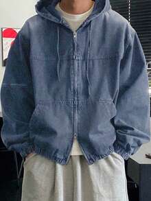 DAZY 男士纯色水洗连帽设计黑色牛仔夹克，秋季 - 淺色水洗藍 - 查看 6