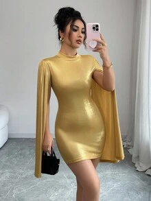 Selianne Women's Mock Neck Fitted Extra Long Sleeve Mini Dress - Gold - View 5