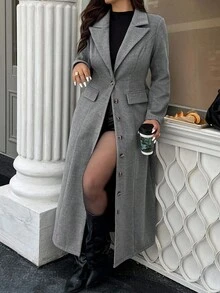 Easura Mantel Panjang Lengan Panjang Minimalis Warna Polos Ukuran Besar untuk Wanita, Cocok untuk Musim Gugur dan Musim Dingin. - Dark Grey - View 3