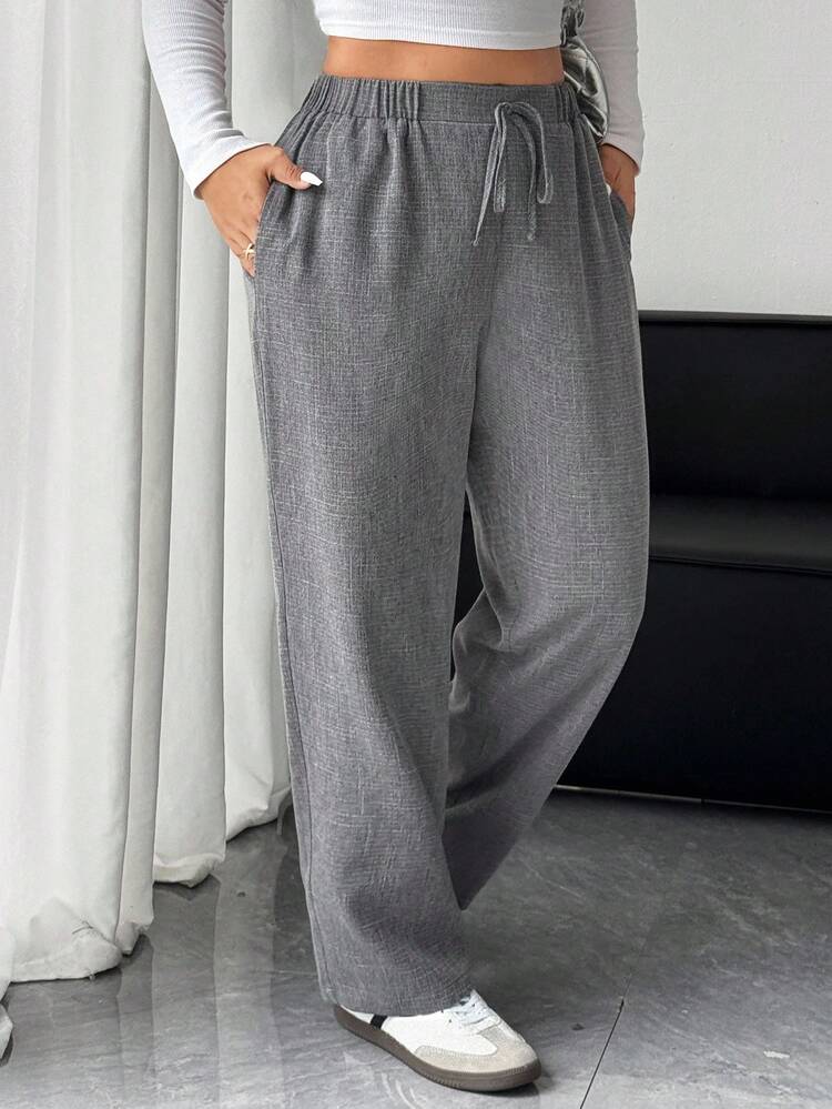 Dazy Plus Plus Size Women Casual Straight Leg Pants With Drawstring Waist, Versatile For Commuting, All Seasons