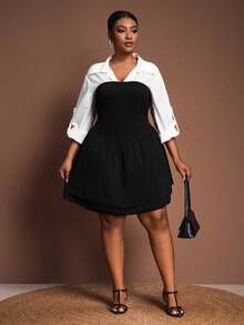 Veslaya 春秋新款优雅派对约会晚宴毕业典礼通勤休闲修身撞色黑白拼接V领长袖喇叭下摆大码衬衫裙，女士优雅连衣裙，新年连衣裙 - J - 黑與白 - 查看 5