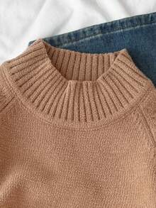 SHEIN Suéter de cuello redondo oversize para niñas, todo a juego en azul, de tela suave, versátil para otoño/invierno - Camel - Ver 5
