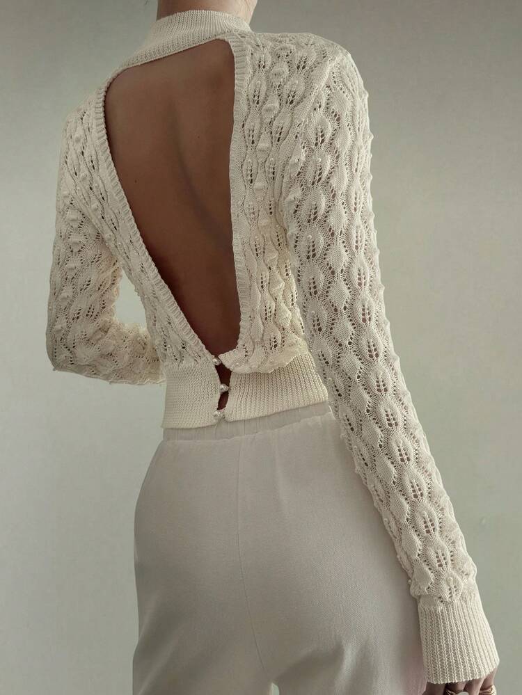 Women's Elegant Sexy Beaded Backless Hollow Out Knit Sweater