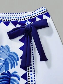 Swim Oasis Women's Tropical Floral & Bird Print Casual One-Piece Swimsuit With Skirt, Halter Neck, Suitable For Vacation And Beach - Blue and White - View 7