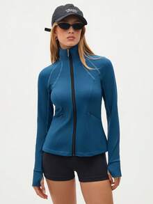Easithlete Women's Solid Color Stand Collar Fitted Outdoor Jacket - Blue - View 2