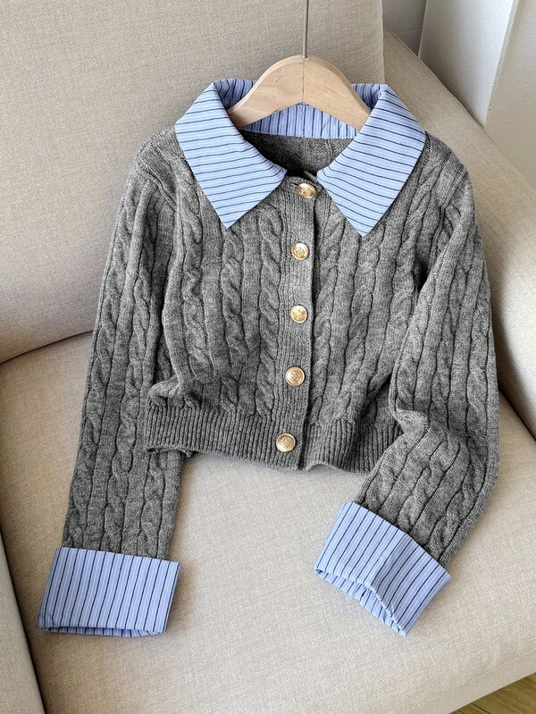 Tween Girl Striped Collar Long Sleeve Twist Cable Pattern Casual Cardigan, Autumn 
Fake Two-Piece Sweater Lapel Shirt Cardigan Toddler Cardigan Girl Children Cardigan Kids Sweaters For Girls Button Grey And Blue Jacket For Girls Preppy Clothes For Kids