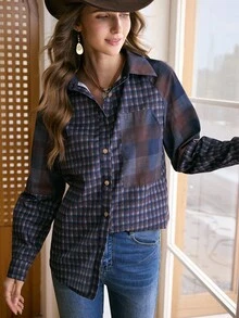 Women's Multi-Color Plaid Patchwork Brown Button Loose Western Casual Shirt, LanaWest - Multicolor - View 6