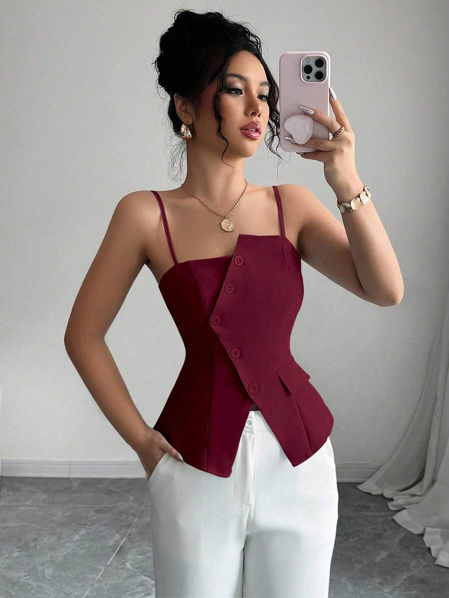 Elenzga 2025新款蓝色不对称设计时尚百搭通勤休闲束腰吊带背心 - 酒紅色 - 查看 1