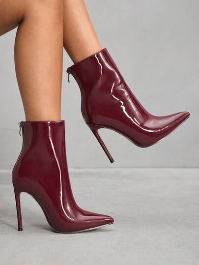 CUCCOO SZL 性感时尚尖头细高跟侧拉链酒红色时尚派对俱乐部装高跟踝靴，适合女士，秋冬