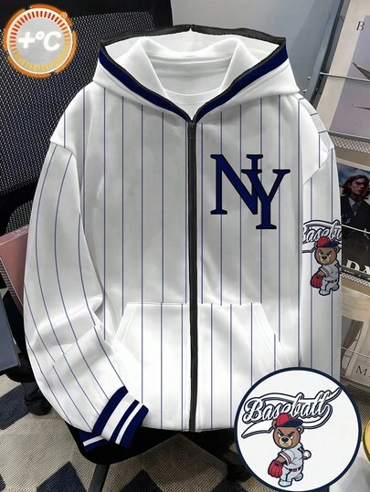 Manfinity Joysei 男士字母条纹印花长袖保暖内衬拉链抽绳连帽衫，秋冬休闲款