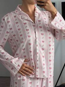 Bethéva Bộ áo sơ mi và quần in sọc hồng, đa năng cho cả ở nhà và ngoài trời - Hồng - Xem 3