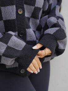 SAYEHFBABY Checkerboard Pattern Casual Cardigan Sweater For Women,Long Sleeve Tops,Fall Clothes - Black - View 5