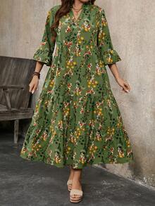 EMERY ROSE Vintage Floral Print Ruffle Sleeve Plus Size Maxi Dress, Spring/Summer Women Dress Fall - Green - View 4