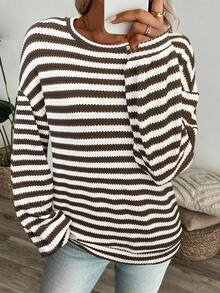 SHEIN LUNE Women's Loose Fit Drop Shoulder Textured Brown Casual Sweatshirt, Autumn/Winter Brown Sweater Striped Long Sleeve - Brown - View 3