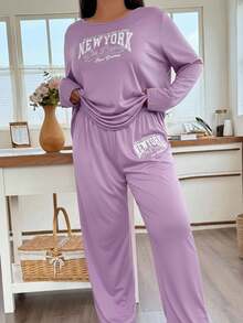 SHEIN Doze Lane Bộ đồ ngủ thường ngày in chữ tay dài cỡ lớn kèm quần dài, trang phục ấm áp, quần áo thu đông - Màu tím - Xem 2