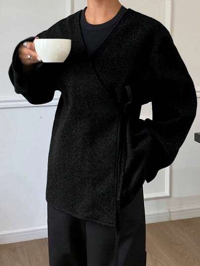 FRIFUL Women's Solid Color Long Sleeve Loose Tie Waist Regular Jacket, Autumn/Winter Black Cardigan Black Sweater Curve Cardigan Japandi Style Clothing Coat