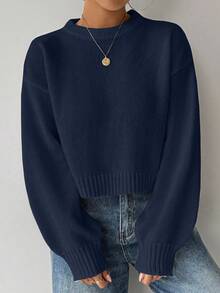 SHEIN LUNE Áo len nữ cổ tròn tay dài màu trắng đơn giản, thoải mái - Màu xanh hải quân - Xem 7