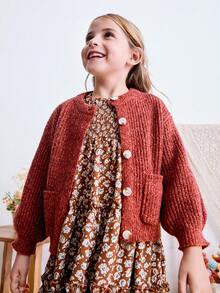 Blossori Young Girls' French Elegant Pocket Decor Round Neck Button Front Long Sleeve Knit Cardigan - Burgundy - View 3