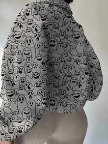EMERY ROSE Plus Size Women Ghost Print Long Sleeve Casual Zip-Up Loose Sweatshirt, Autumn