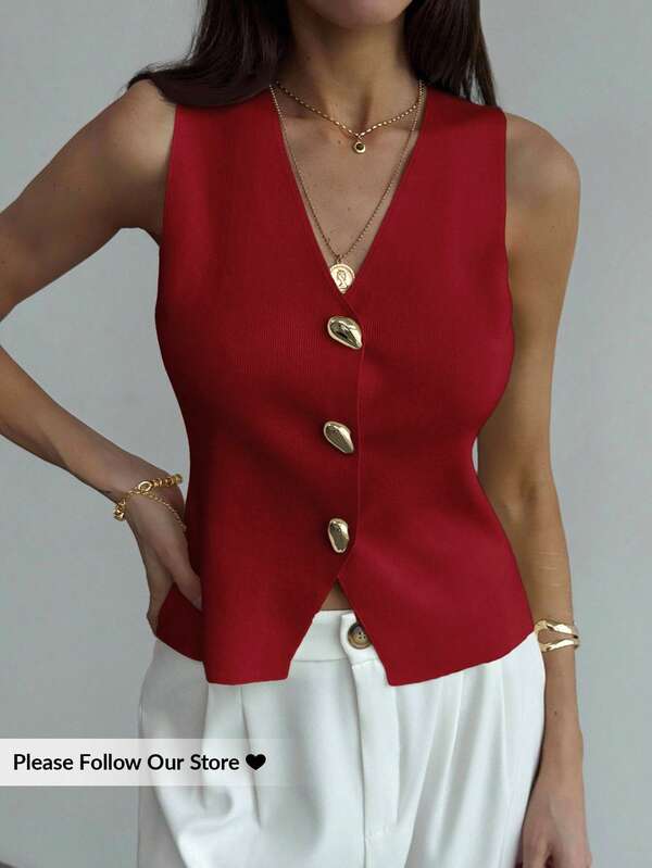 Aloruh Women's Solid Color Metal Single-Breasted V-Neck Casual Knit Vest, Autumn,Red Top,Christmas