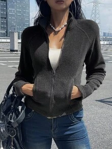 DAZY Outdoor Fitted Jacket With Raglan Sleeves, Autumn - Dark Grey - View 7