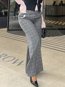 NegzBox 1pc Women's Casual, Daily, Outdoor, Commute Plaid Low Waist Loose Pants, Relaxed, Minimalist, Retro Style Fall Cloth For Women - Dark Grey - View 5