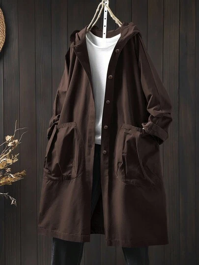 Linhara 大码休闲连帽长款夹克，带大口袋