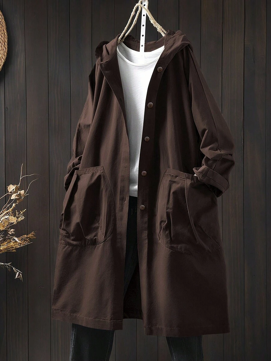 SHEIN LUNE Plus Size Casual Hooded Long Jacket With Large Pockets Fall - Rust Brown - View 1