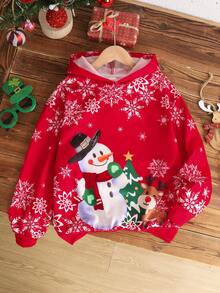 Tween Girl Christmas Cute Cartoon Snowman, Christmas Deer, Christmas Tree, Snowflake Pattern Red Festive Casual Loose Hoodie Sweatshirt, Comfortable Daily Wear Knit Long Sleeve Sweatshirt, Suitable For Autumn/Winter, Christmas Party Dress, Christmas Gifts, Christmas Dress Young Girls Winter Sets Christmas Outfits For Girls Sweatshirt Set For Girl Winter Tween Sets