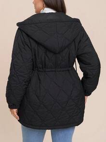 SHEIN LUNE 大尺碼女款冬季黑色填充外套，休閒簡約常規登山連帽拉鍊夾克，抽繩收腰，秋冬女性牛仔風 - 黑色 - 查看 2