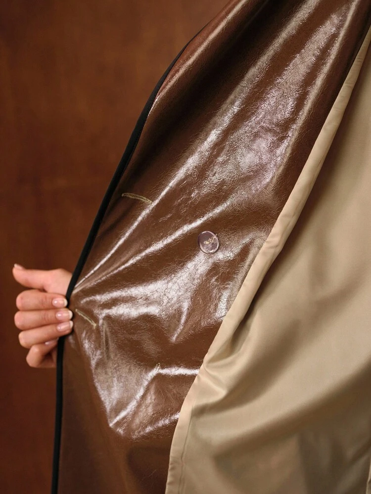 WOMEN'S AUTUMN/WINTER CONTRAST PU LEATHER CINCHED WAIST DOUBLE-BREASTED TRENCH COAT